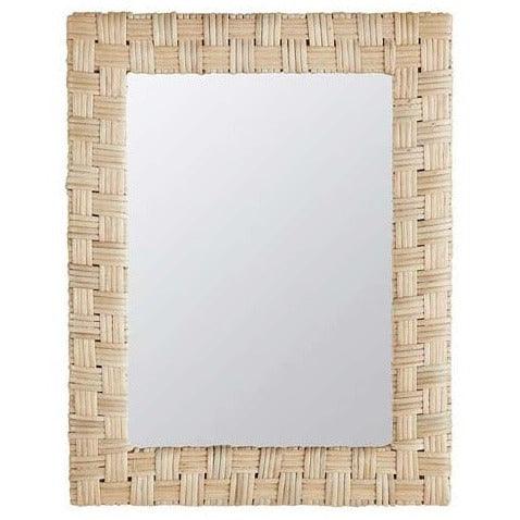 a square mirror with a woven frame