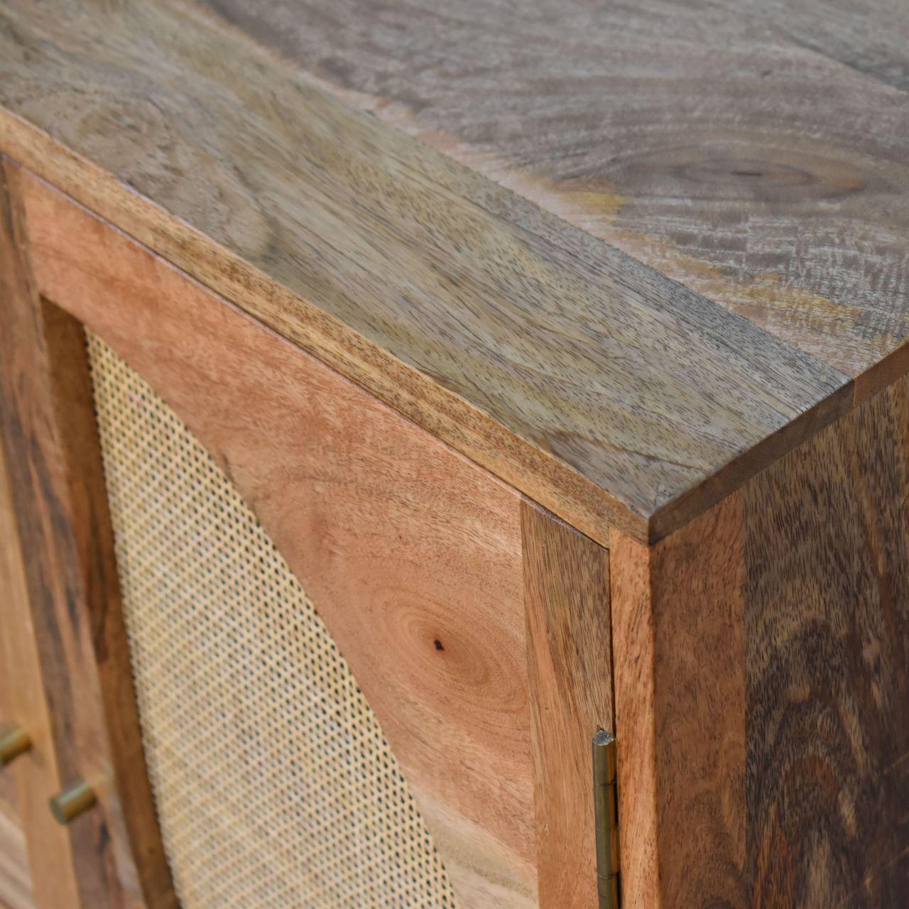 a close up of a wooden cabinet with a metal handle