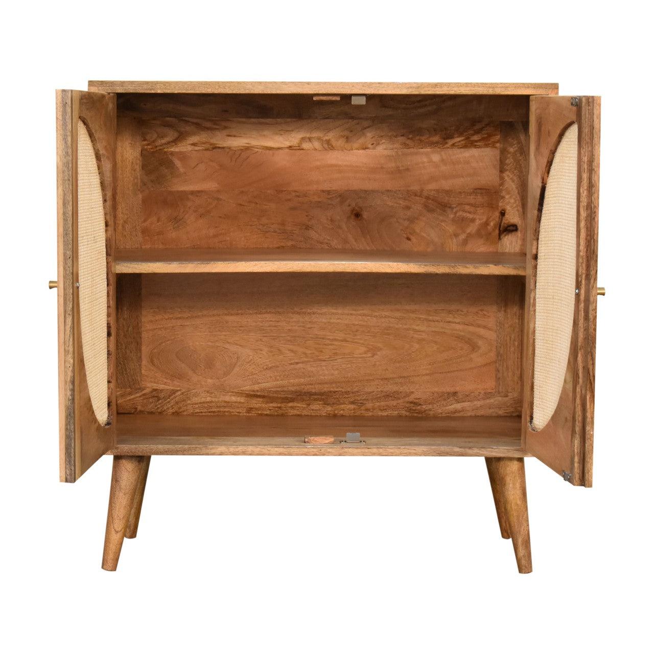 a wooden cabinet with two shelves and two legs