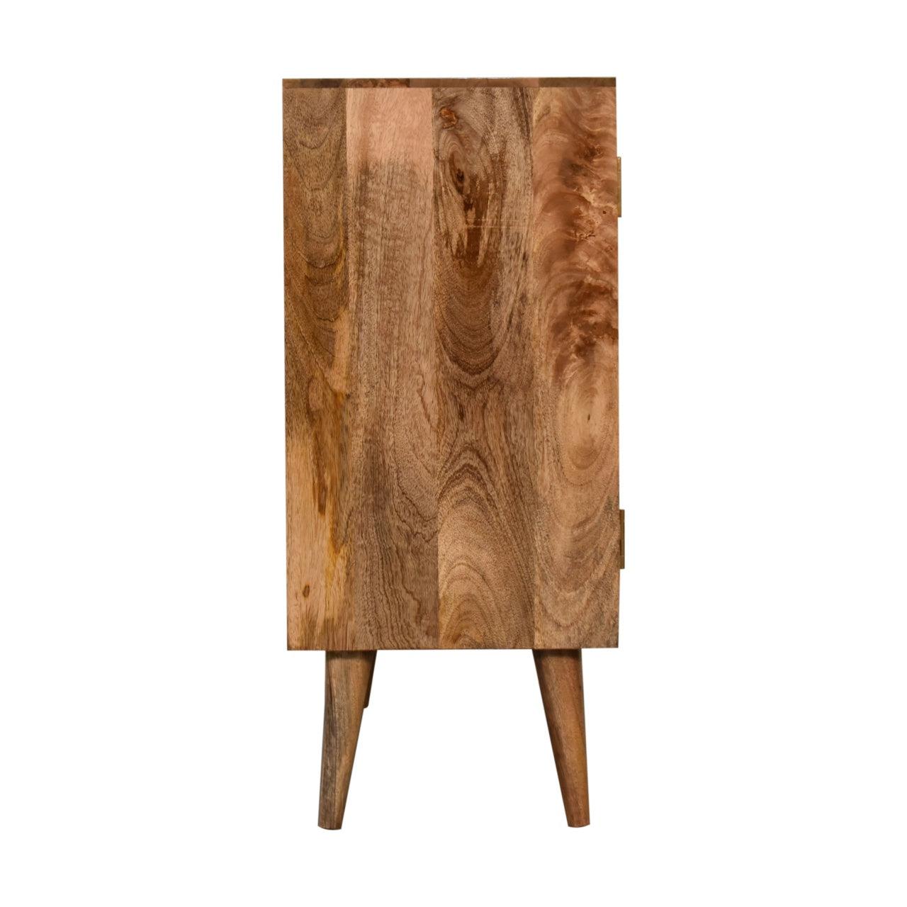 a wooden cabinet with two legs on a white background