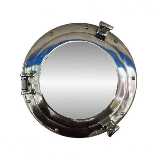 a metal porthole mirror with a white background