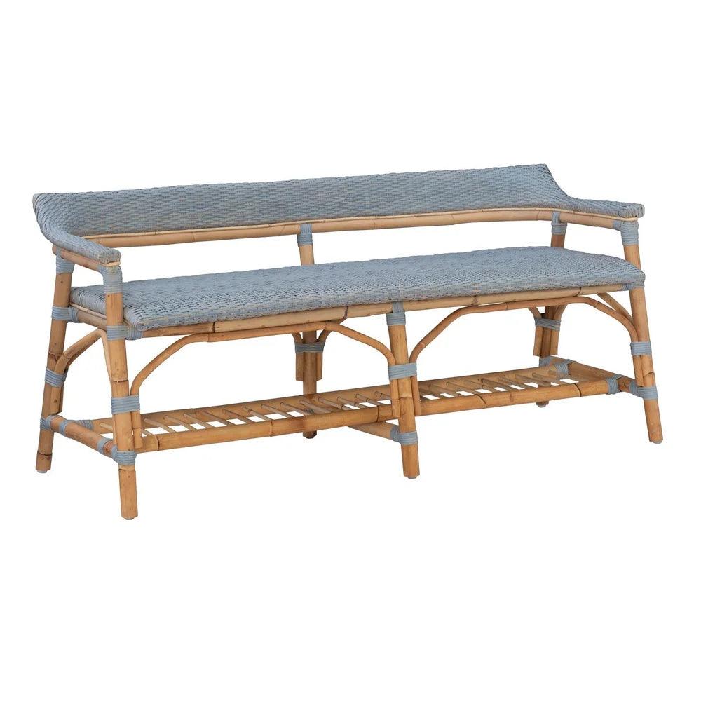 a wooden bench with a blue cushion on top of it