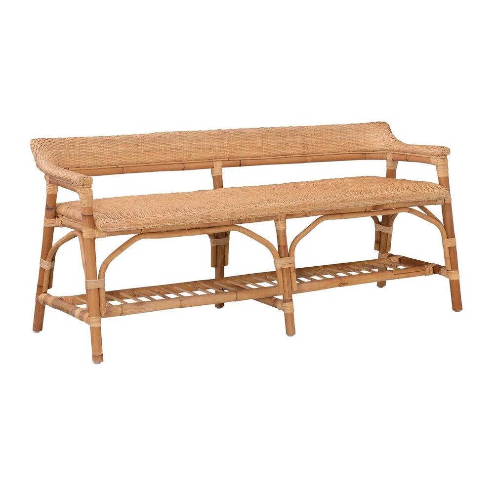 a bench made of wood and wicker on a white background
