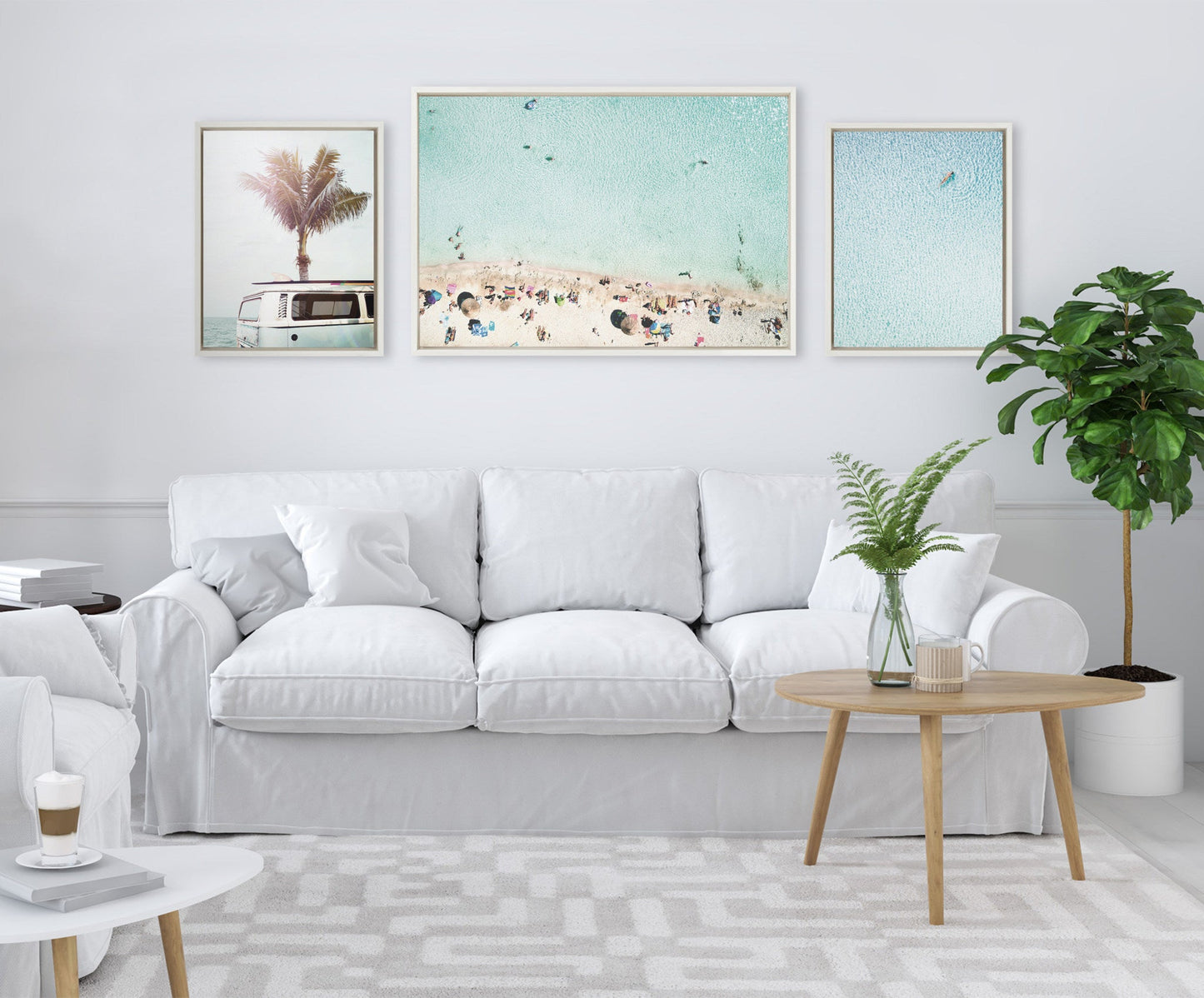 Sylvie Turquoise Beach from Above 2, Blue Beach Van and Woman Floating Framed Canvas by Amy Peterson Art Studio