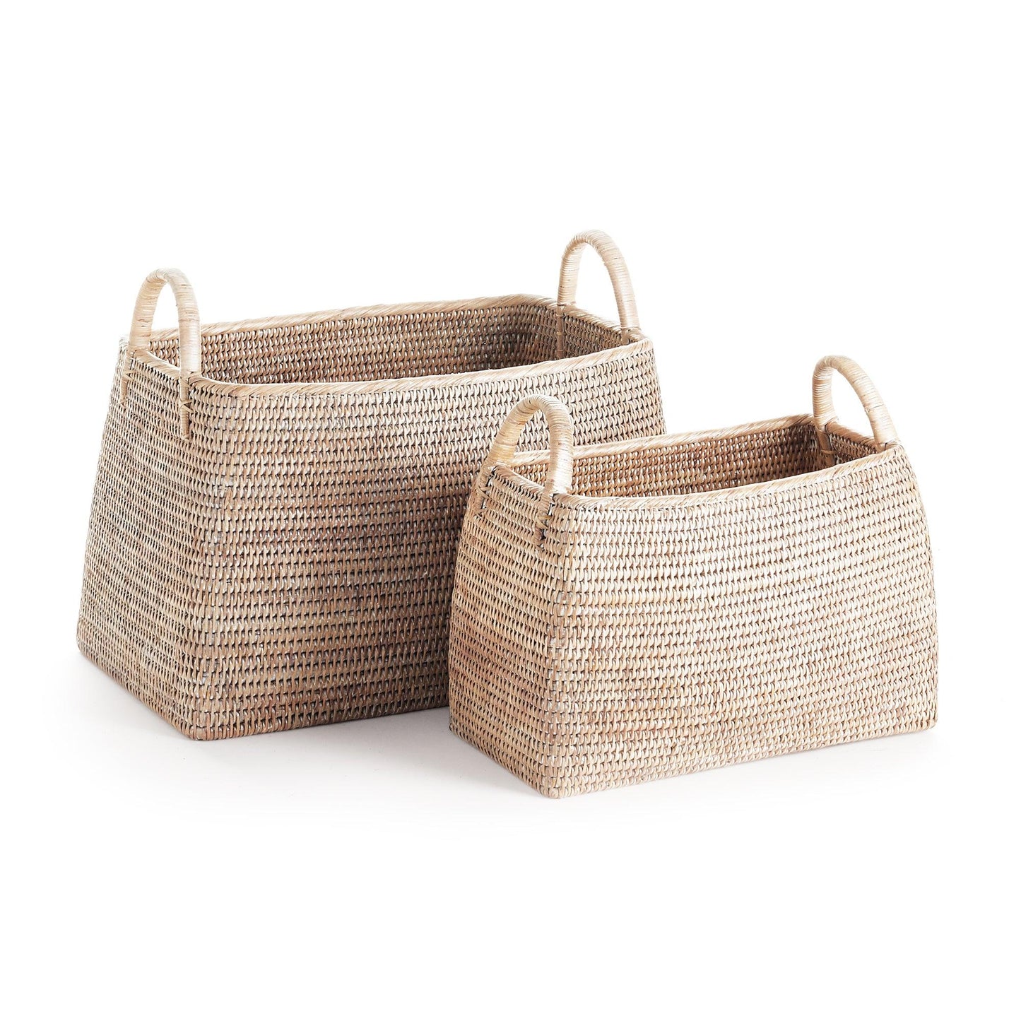two woven baskets sitting next to each other