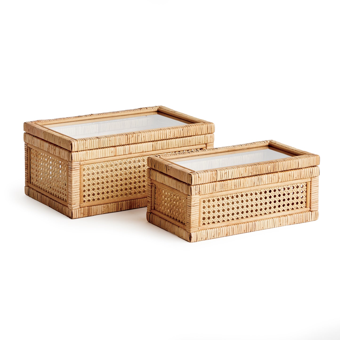 two cane rattan boxes with lids