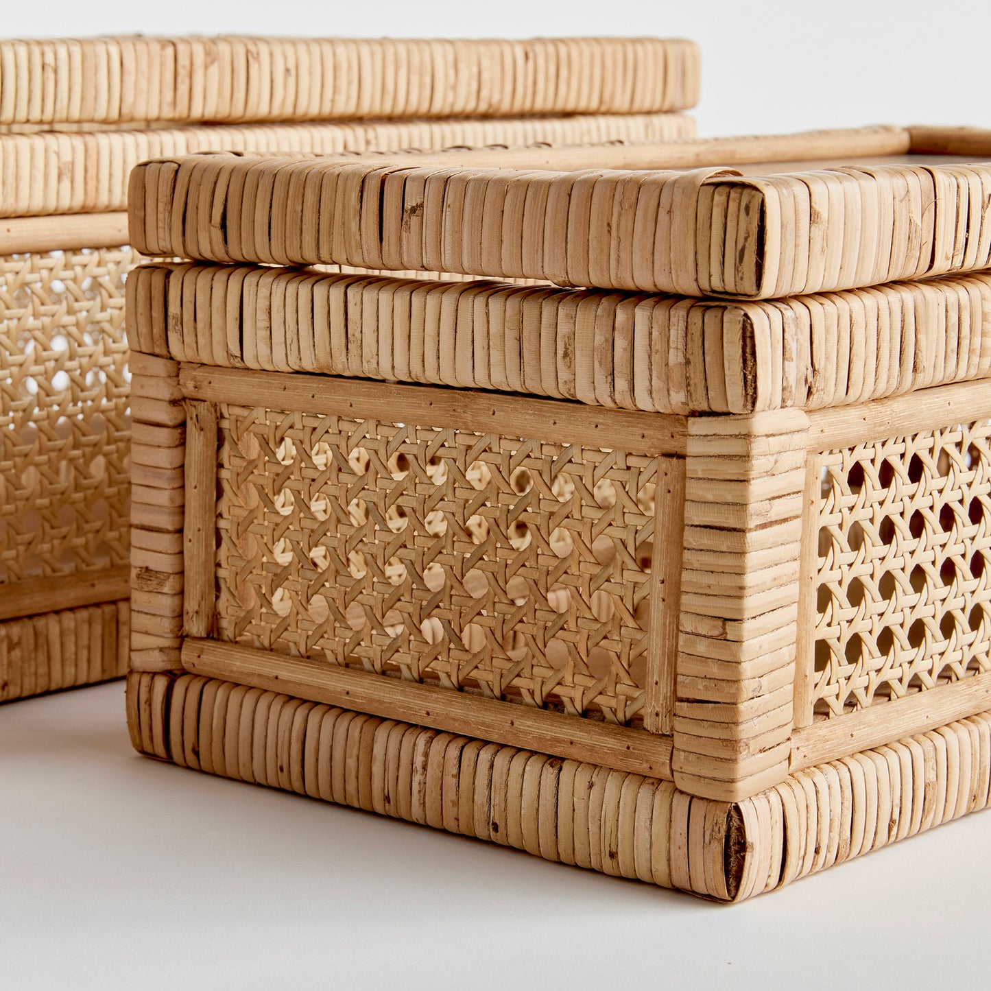 close up of rattan boxes