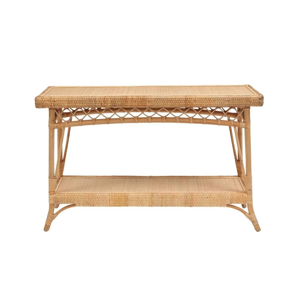 a wicker table with a shelf underneath it