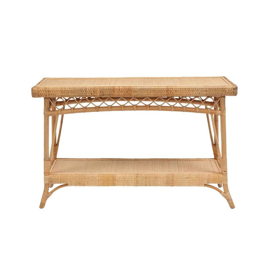 a wicker table with a shelf underneath it