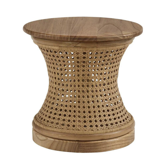 a wooden table with a wooden top and cane sides