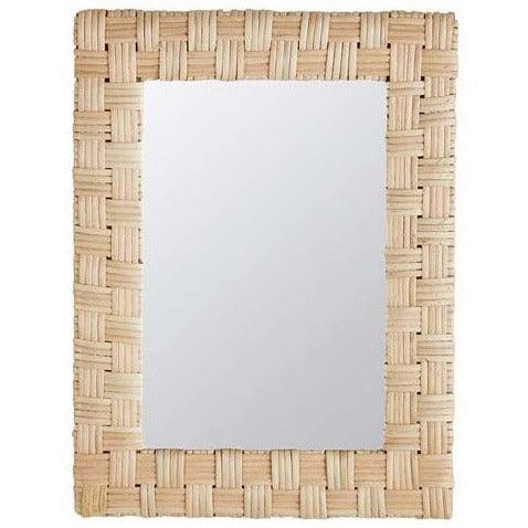 a rectangular mirror with a woven frame