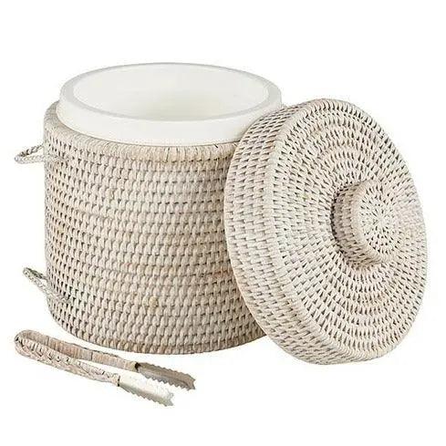 Rattan ice bucket with tongs and a plastic insert