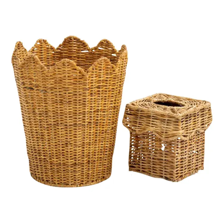 Scalloped White Wicker Wastepaper Basket & Tissue Holder
