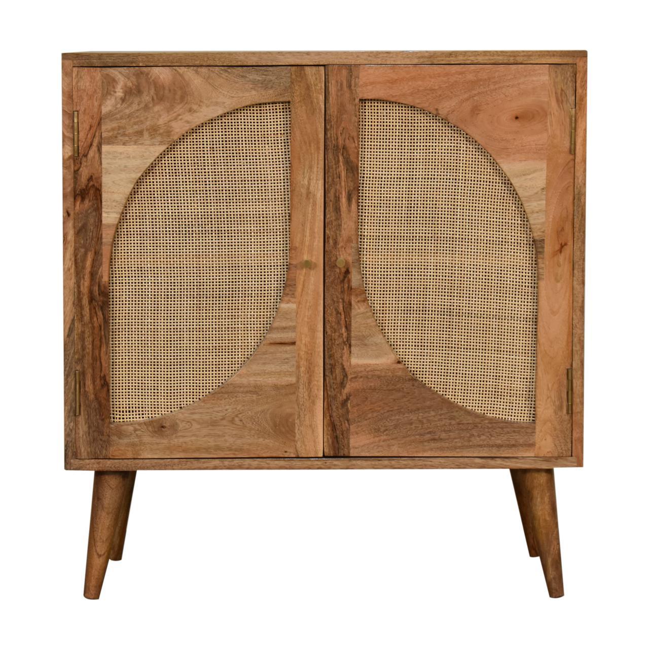 a wooden cabinet with two doors and two handles