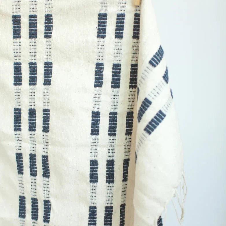 a close up of a white and blue towel