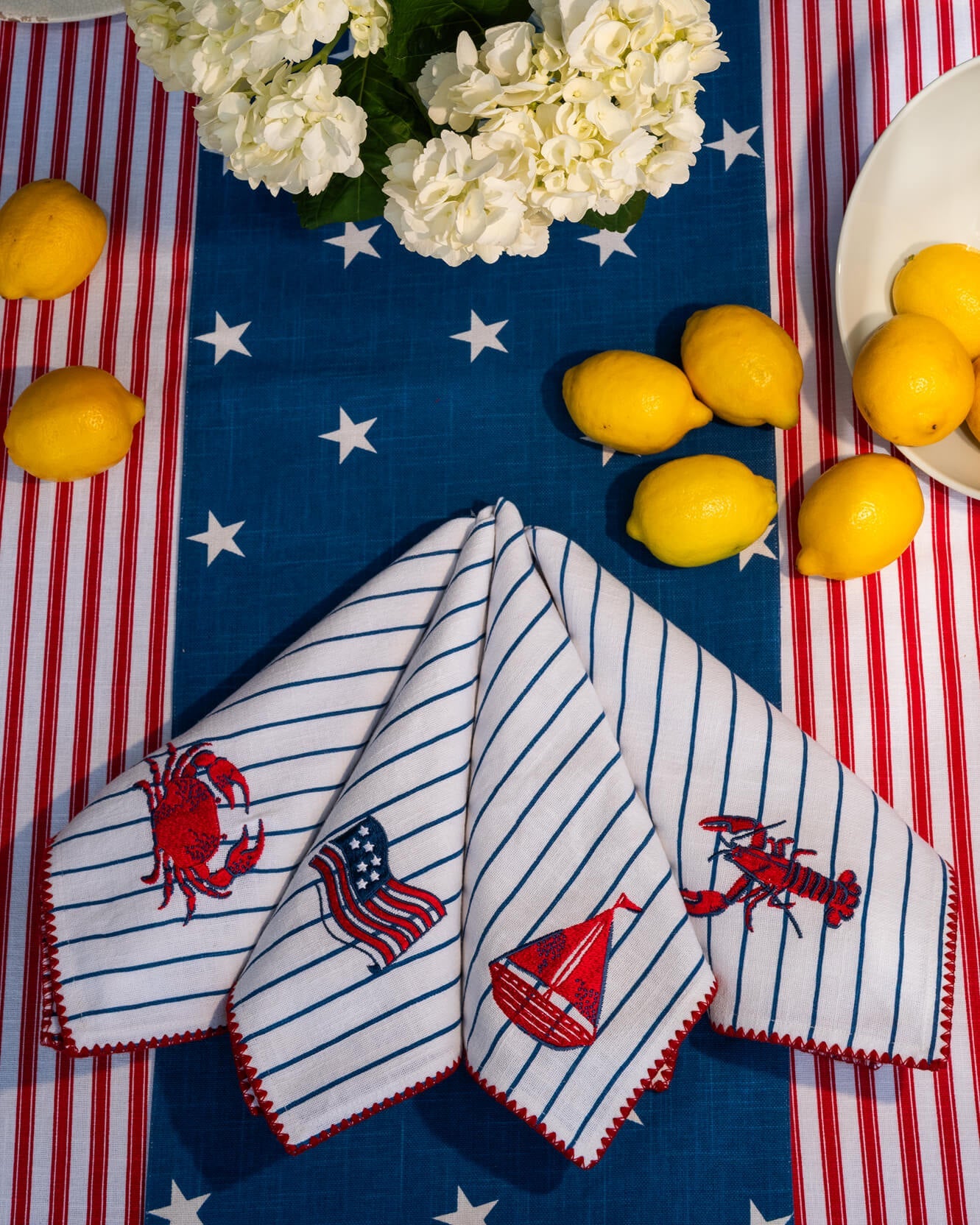Coastal Americana Napkin Set of 4 - Embroidered Cotton Table Linens, Beach House Patriotic Dining
