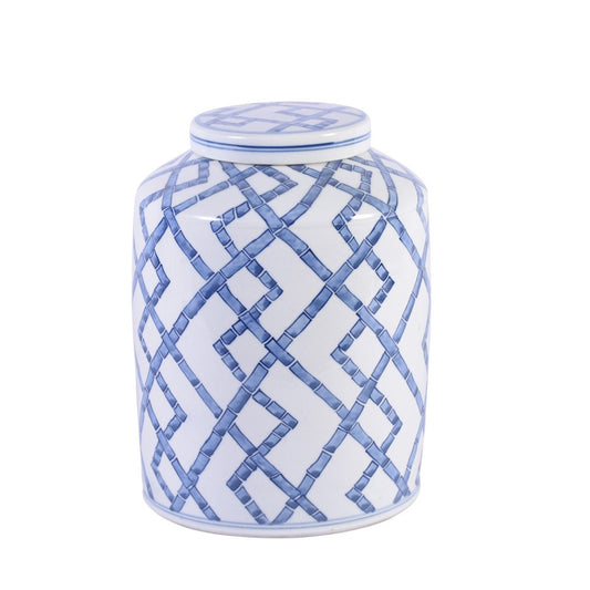 white lidded jar with blue bamboo design