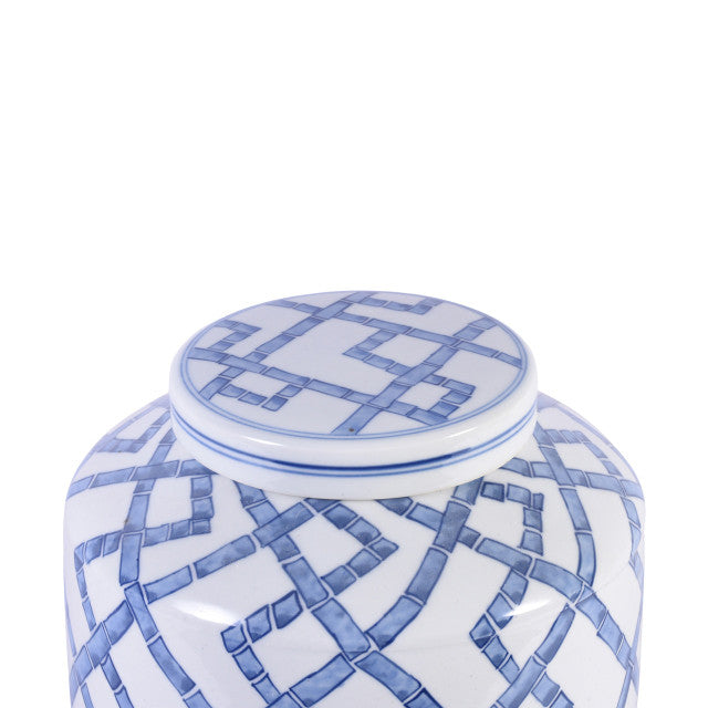 close up of blue and white jar