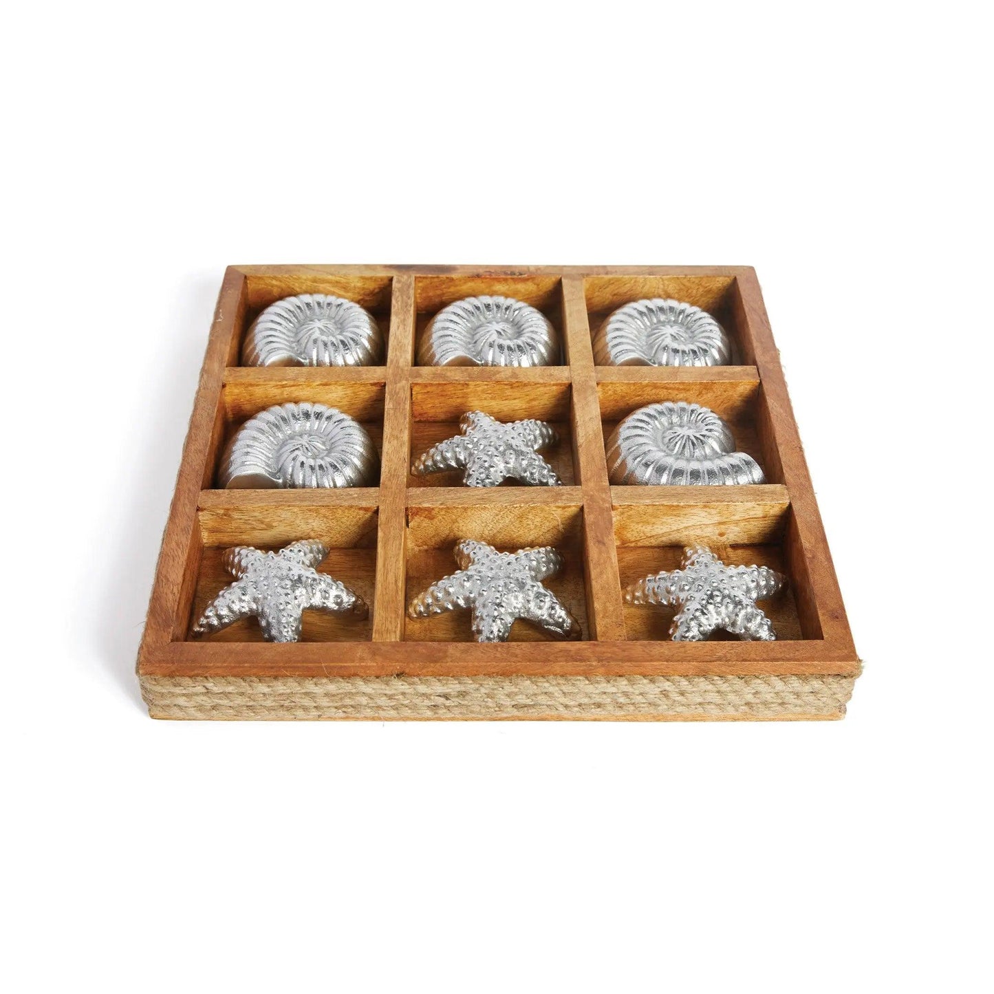 wood and rope tic tac toe board with silver pieces