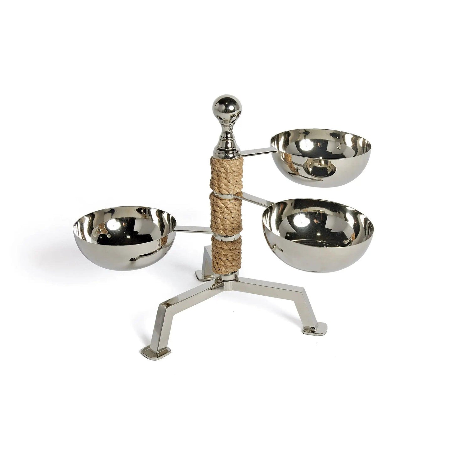 serving stand with three silver bowls on a rope stand