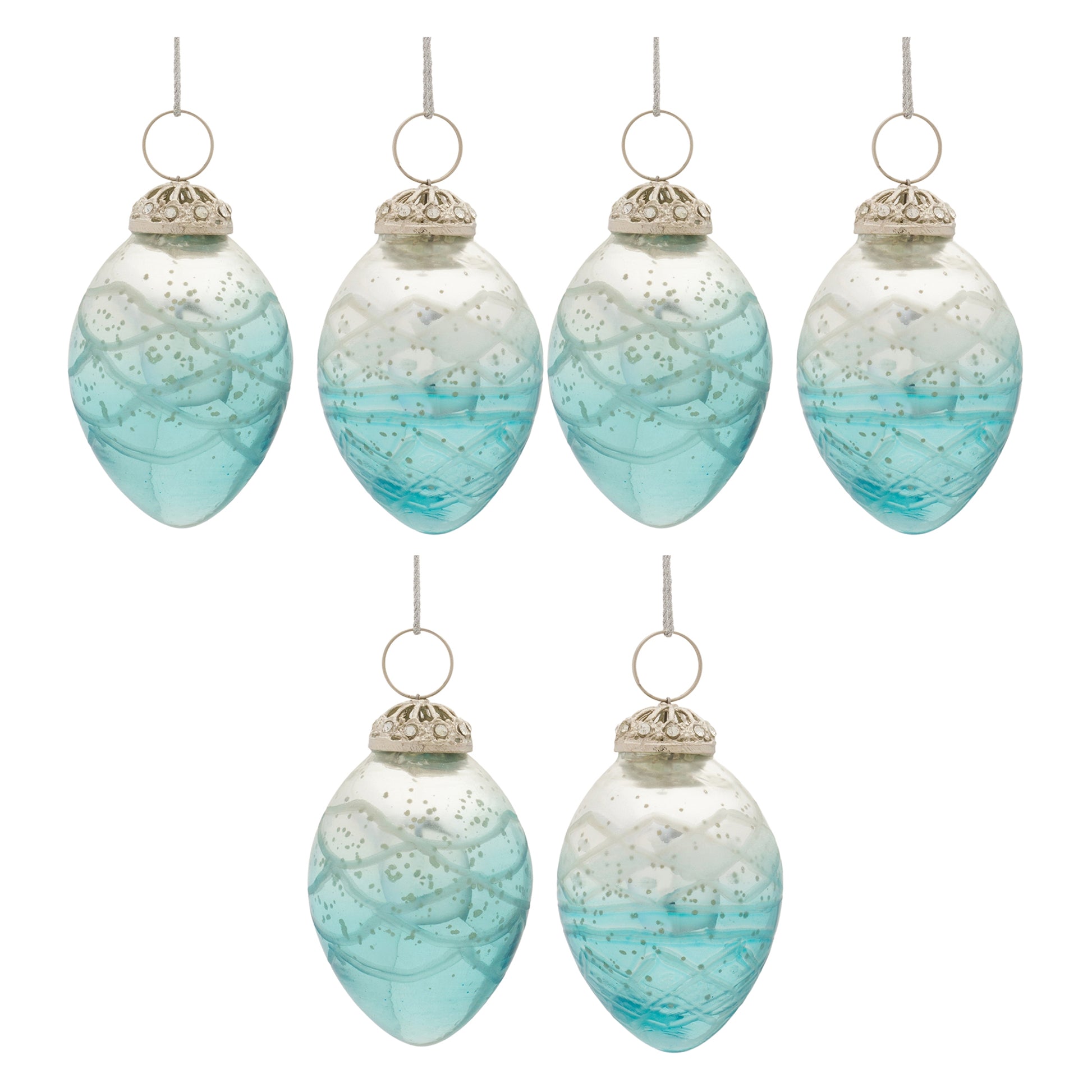 set of six blue and silver glass christmas tree ornaments