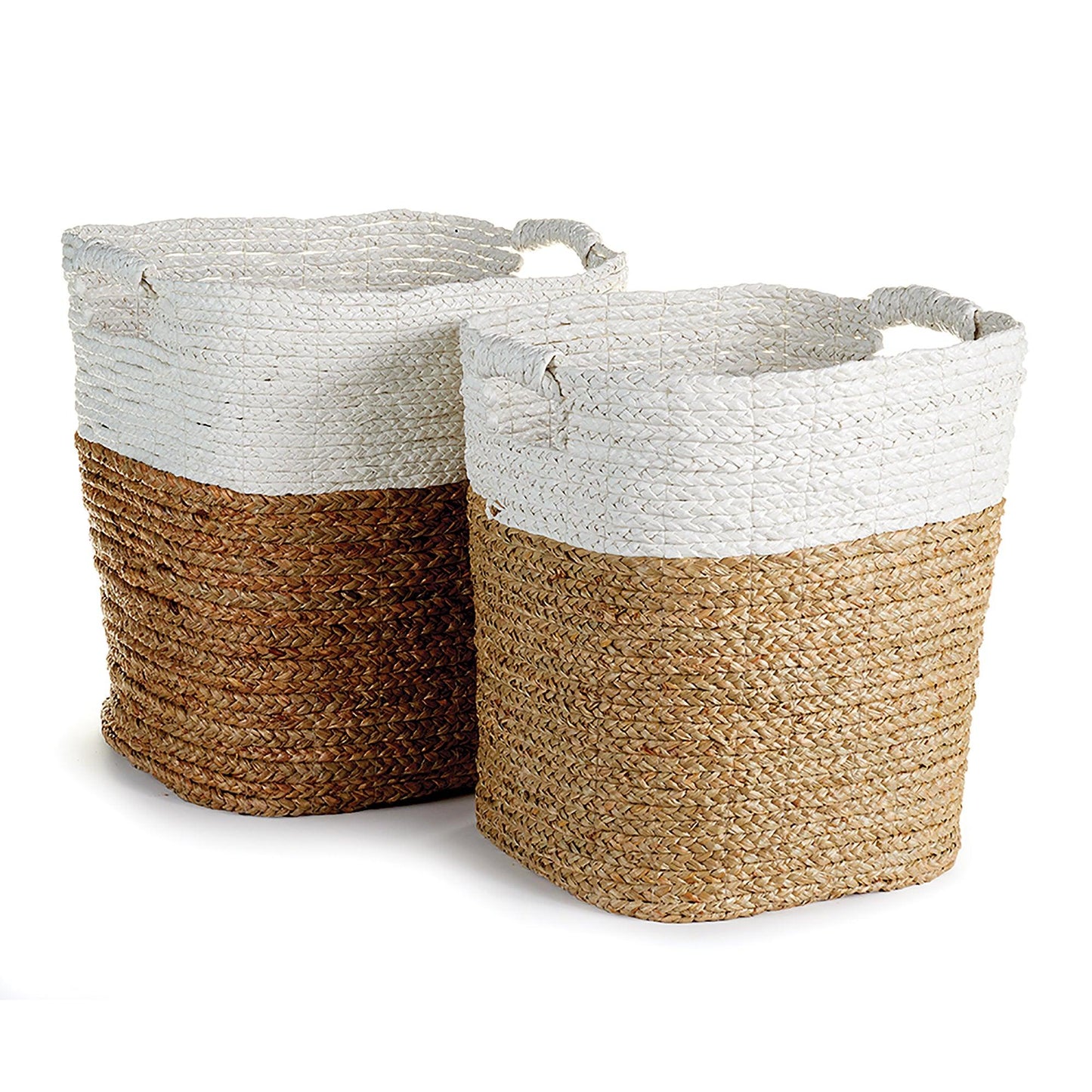 two baskets with handles made of jute and rope