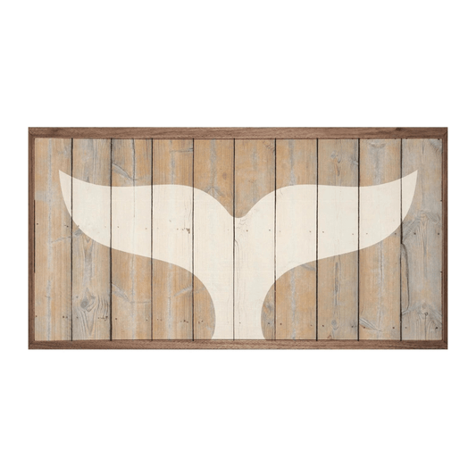 a wooden sign with a white whale tail on it