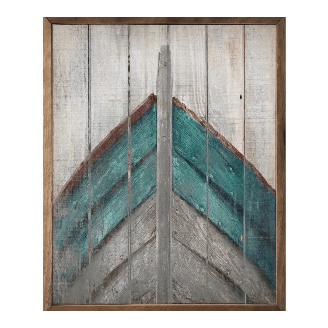 blue and gray wood boat artwork