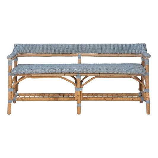a wooden bench with a blue cushion on top of it