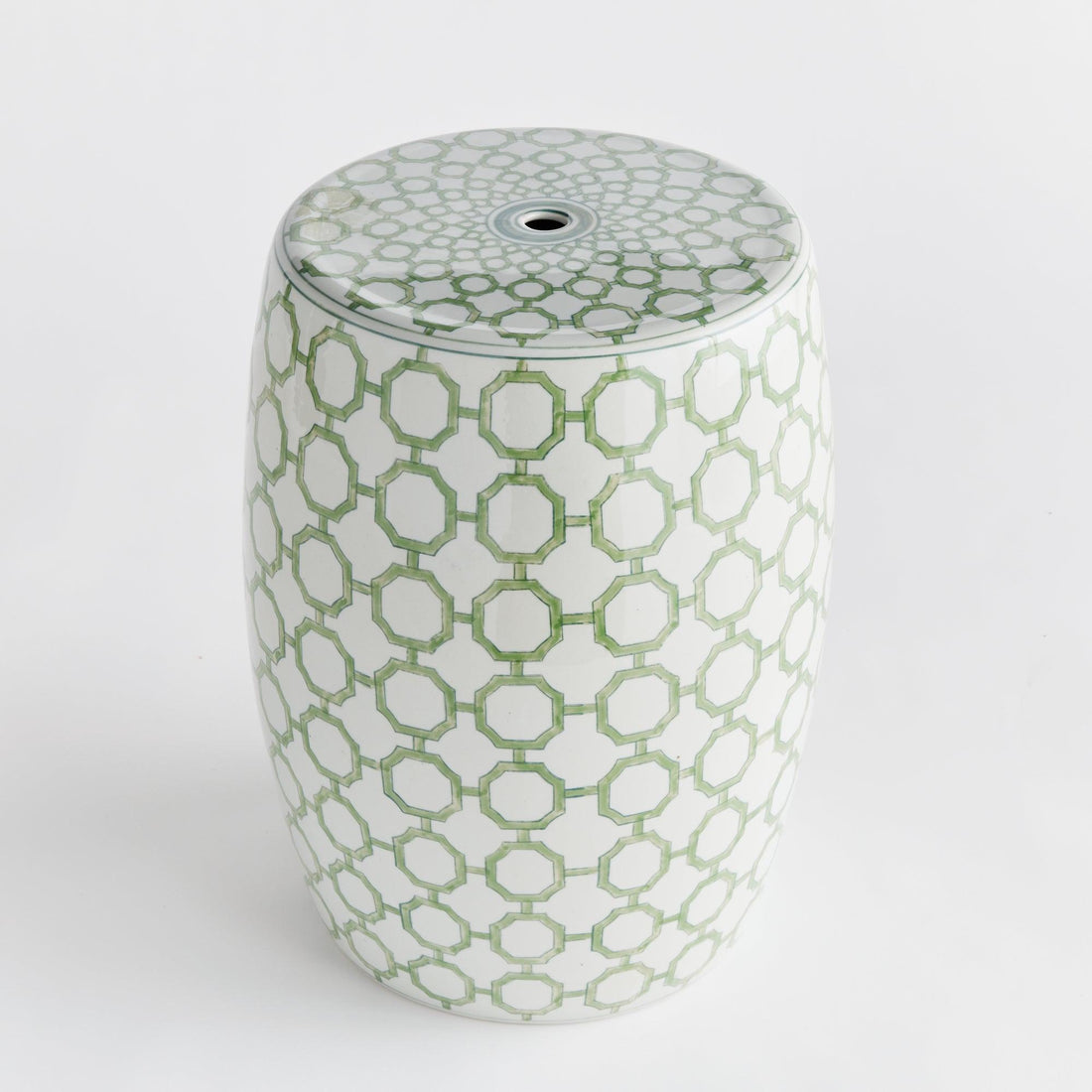 Sage green imperial link chinoiserie ceramic garden stool — coastal accent piece