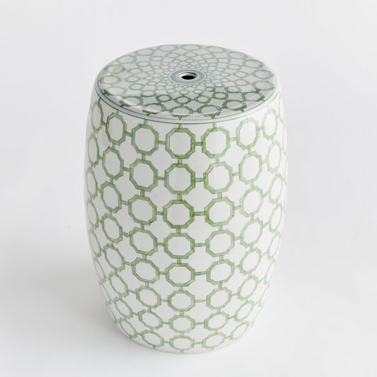 Sage green imperial link chinoiserie ceramic garden stool — coastal accent piece