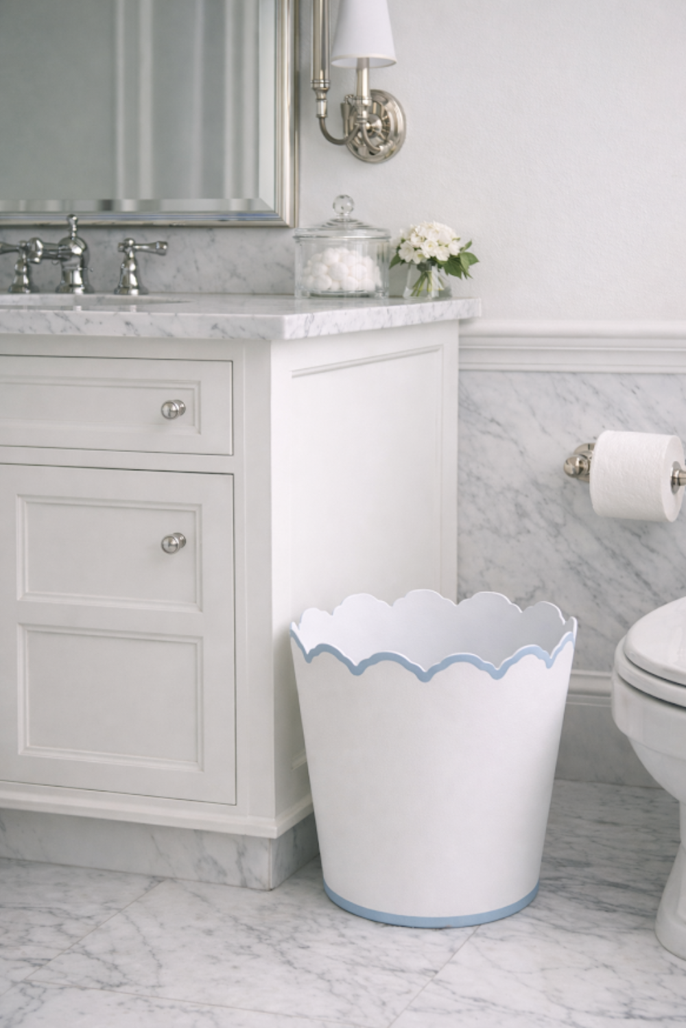 White & Pale Blue Scalloped Chinoiserie Tole Planter & Wastepaper Basket