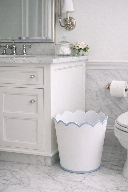 White & Pale Blue Scalloped Chinoiserie Tole Planter & Wastepaper Basket