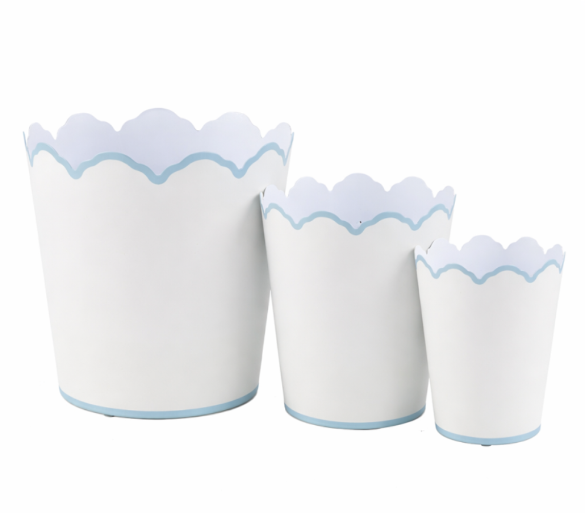 White & Pale Blue Scalloped Chinoiserie Tole Planter & Wastepaper Basket