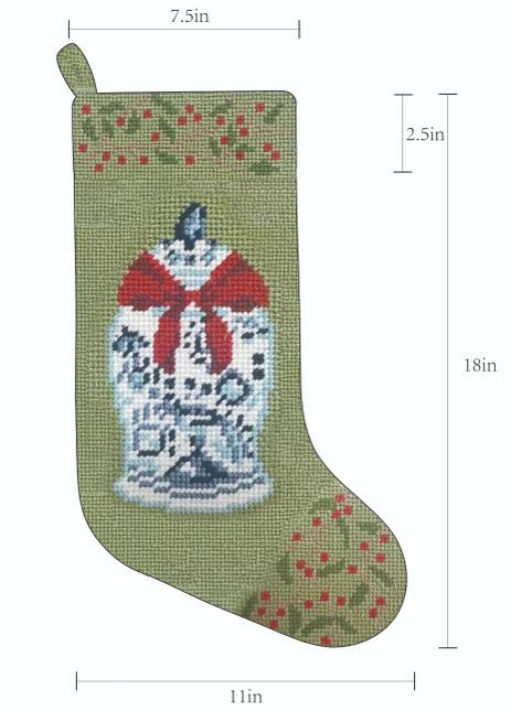 Large ginger jar needlepoint stocking with a measurement diagram showing 18-inch height and 11-inch overall width