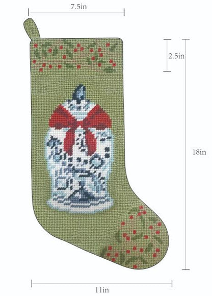 Large ginger jar needlepoint stocking with a measurement diagram showing 18-inch height and 11-inch overall width