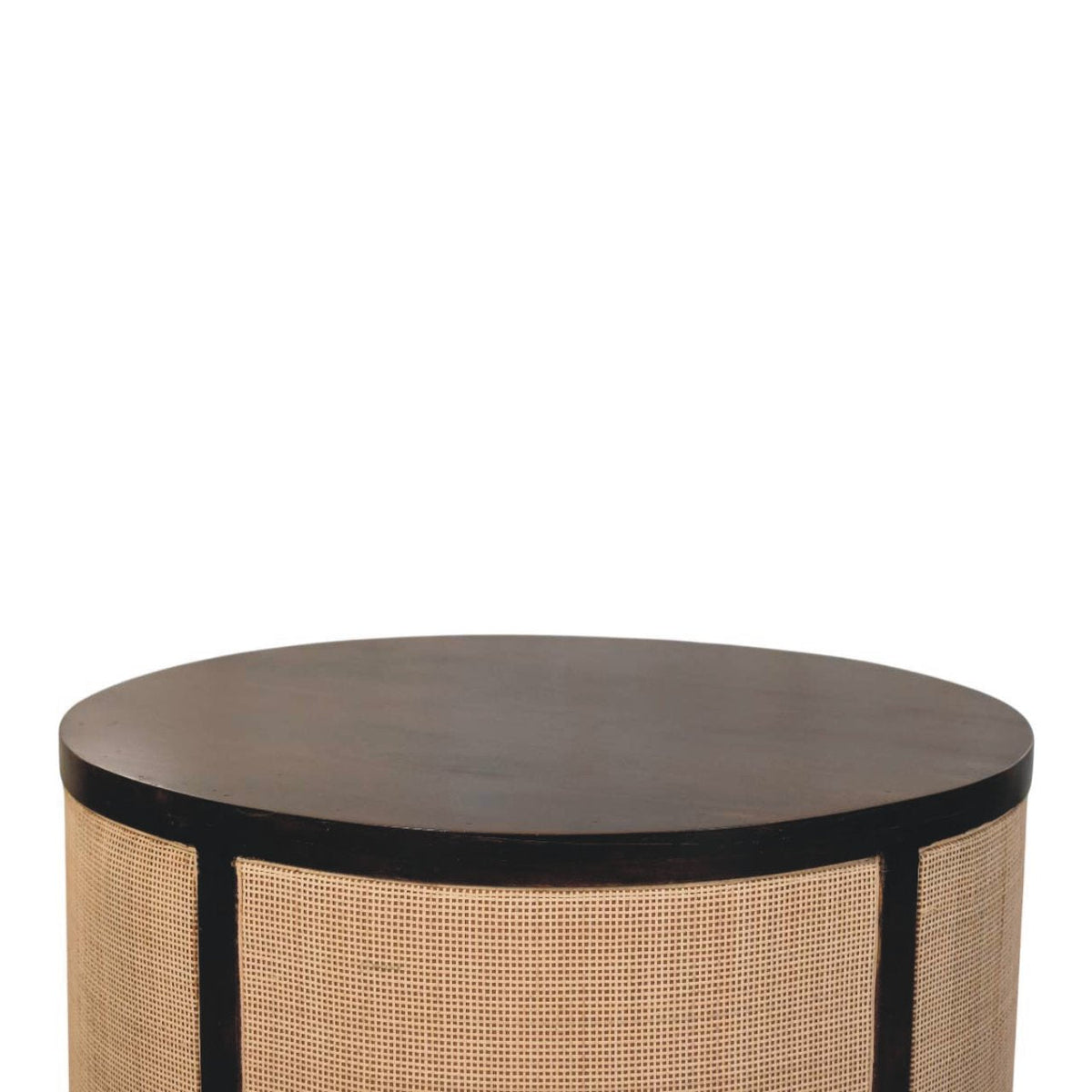 	Front detail of the Monaco coffee table showing its dark brown tabletop and natural rattan sides