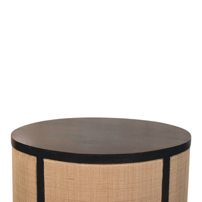 	Front detail of the Monaco coffee table showing its dark brown tabletop and natural rattan sides
