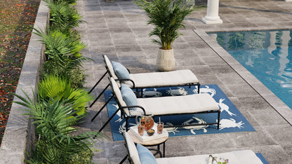 Coastal pool deck with crab-pattern rugs, cushioned lounge chairs, and potted palms