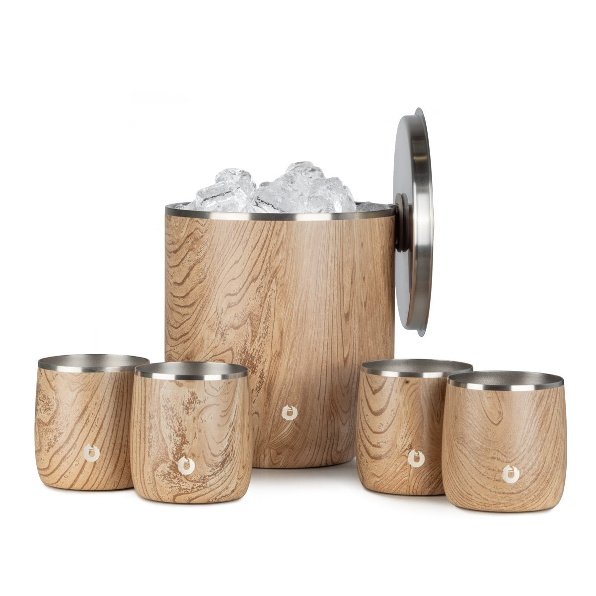 Natural Teak stainless steel ice bucket with four rocks glasses