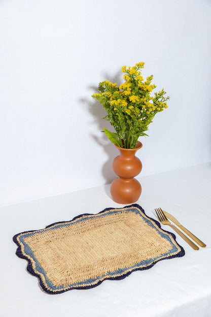 Rectangular Raffia Placemat with Blue Edges