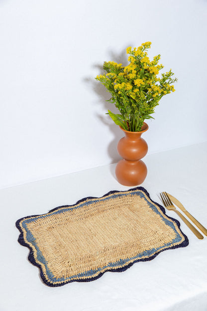Rectangular Raffia Placemat with Blue Edges