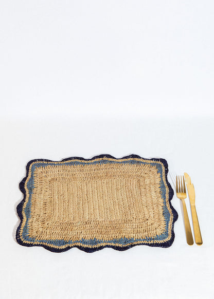 Rectangular Raffia Placemat with Blue Edges