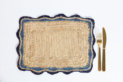Rectangular Raffia Placemat with Blue Edges
