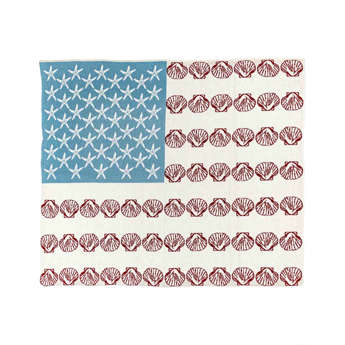 	Full view of the Coastal Flag throw showing its blue starfish corner and red seashell rows