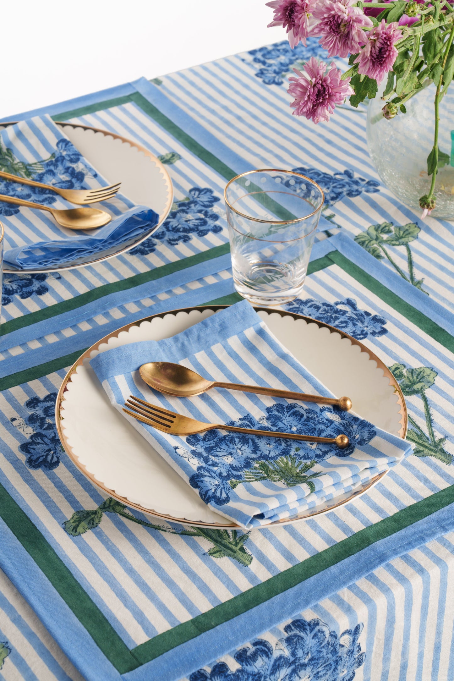 Blue Hydrangea Blockprint Napkins Set of 4 - Coastal Artisan Cotton Table Linens, Beach House Dining