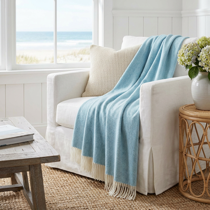 Merino Wool Herringbone Throw, Sky Blue