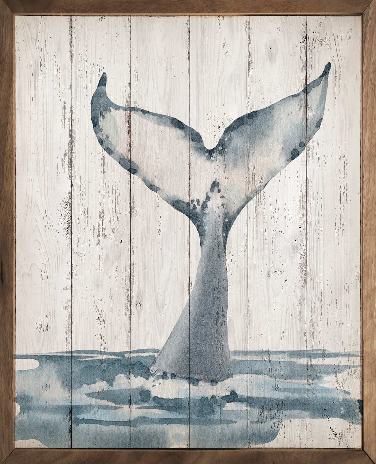 Watercolor Whale Tail Wall Art - Coastal Walnut Framed Print on Hardwood, Beach House Decor
