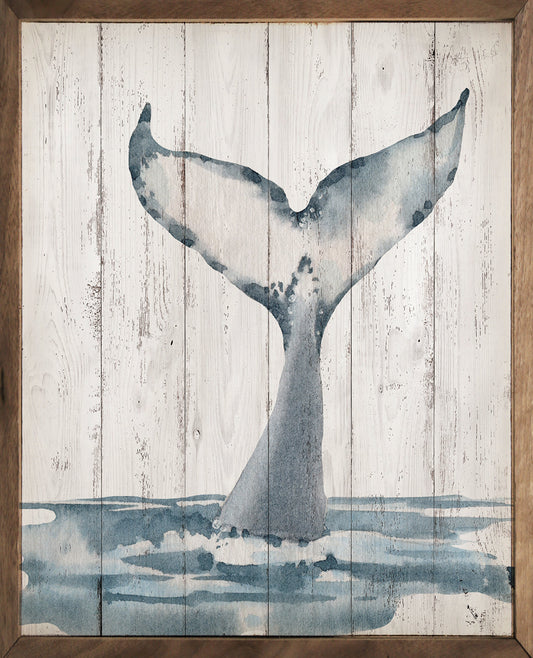 Watercolor Whale Tail Wall Art - Coastal Walnut Framed Print on Hardwood, Beach House Decor
