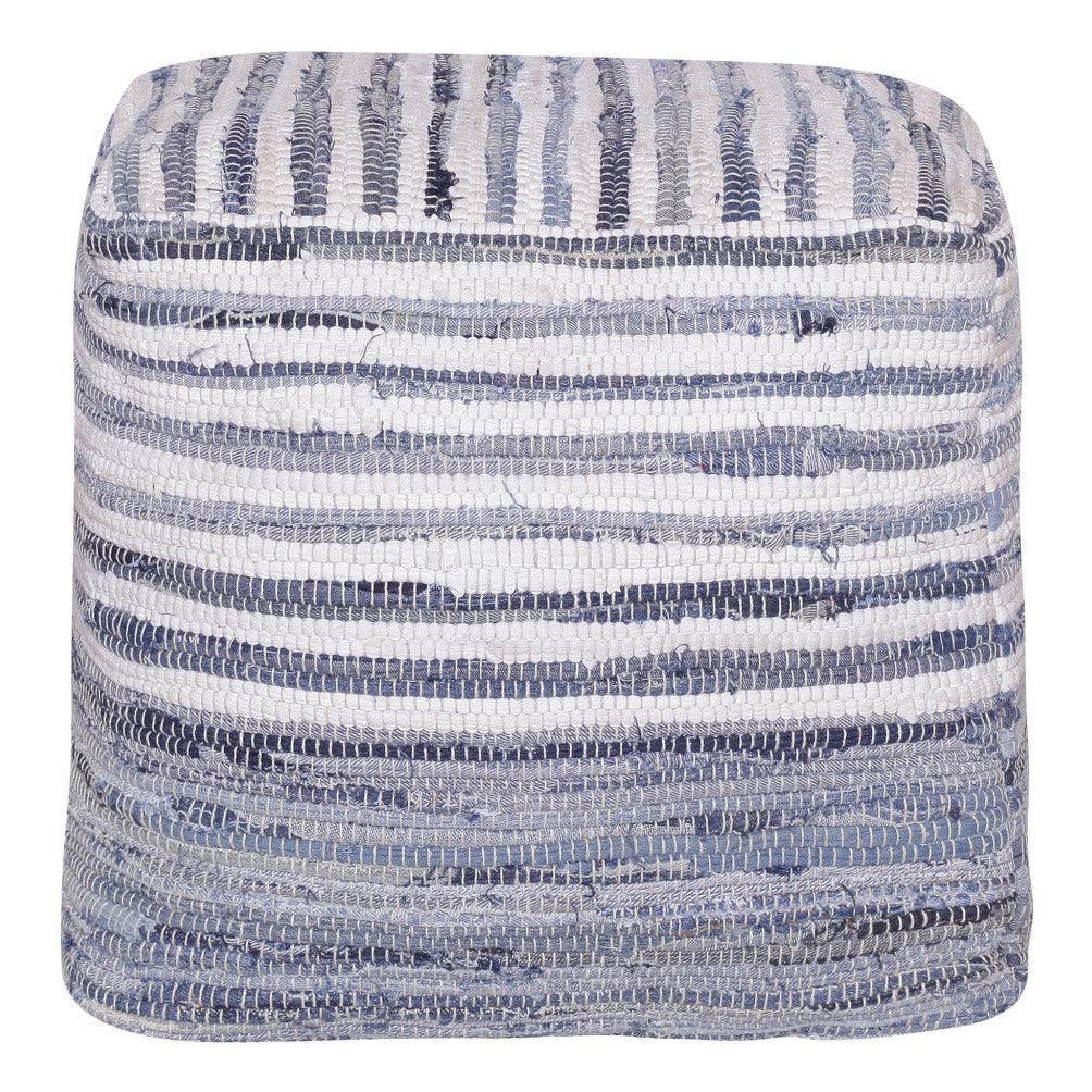 blue and white striped square pouf